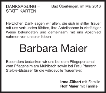 Traueranzeige von Barbara Maier von Geislinger Zeitung