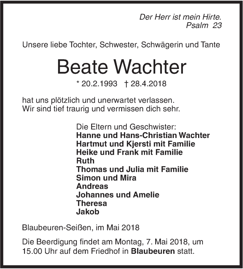  Traueranzeige für Beate Wachter vom 03.05.2018 aus SÜDWEST PRESSE Ausgabe Ulm/Neu-Ulm