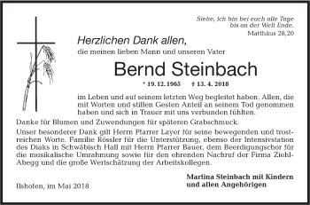 Traueranzeige von Bernd Steinbach von Haller Tagblatt