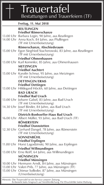 Traueranzeige von Bestattungen vom 11.05.2018 von Metzinger-Uracher Volksblatt