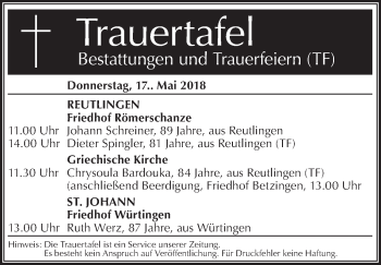 Traueranzeige von Bestattungen vom 17.05.2018 von Metzinger-Uracher Volksblatt