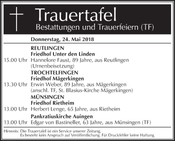 Traueranzeige von Bestattungen vom 24.05.2018 von Metzinger-Uracher Volksblatt