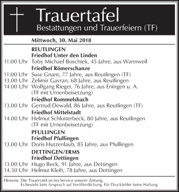 Traueranzeige von Bestattungen vom 30.05.2018 von Metzinger-Uracher Volksblatt