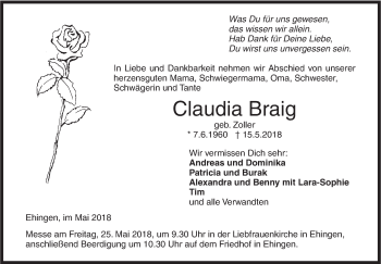 Traueranzeige von Claudia Braig von Ehinger Tagblatt