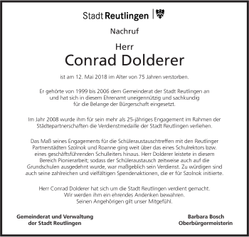 Traueranzeige von Conrad Dolderer von Metzinger-Uracher Volksblatt