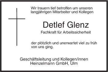 Traueranzeige von Detlef Glenz von SÜDWEST PRESSE Ausgabe Ulm/Neu-Ulm
