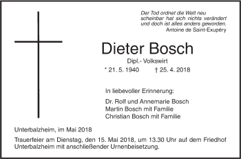 Traueranzeige von Dieter Bosch von Illertal Bote