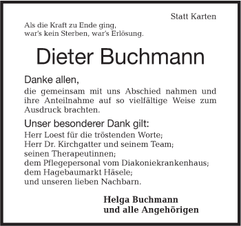 Traueranzeige von Dieter Buchmann von Haller Tagblatt