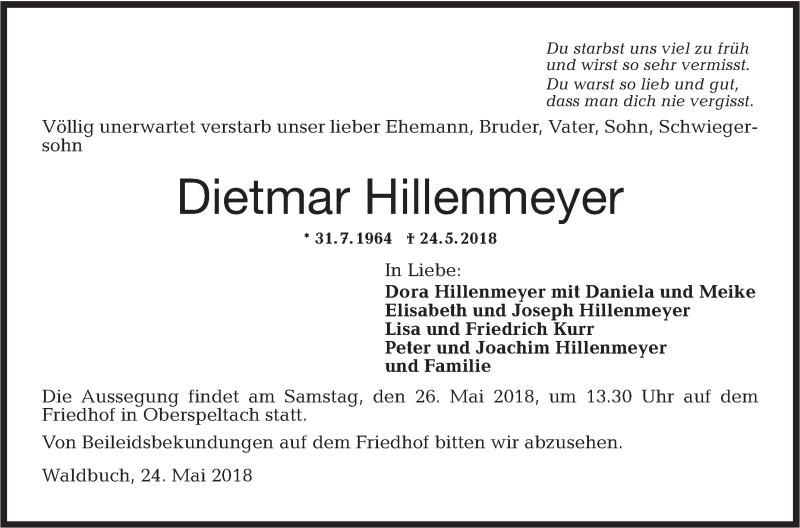  Traueranzeige für Dietmar Hillenmeyer vom 25.05.2018 aus Hohenloher Tagblatt