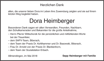 Traueranzeige von Dora Heimberger von Ehinger Tagblatt