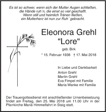 Traueranzeige von Eleonora Grehl von SÜDWEST PRESSE Ausgabe Ulm/Neu-Ulm