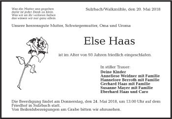 Traueranzeige von Else Haas von Rundschau Gaildorf