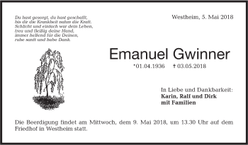 Traueranzeige von Emanuel Gwinner von Haller Tagblatt