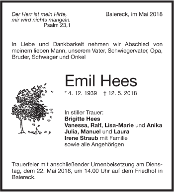 Traueranzeige von Emil Hees von NWZ Neue Württembergische Zeitung