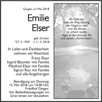 Traueranzeige von Emilie Elser von NWZ Neue Württembergische Zeitung/Geislinger Zeitung