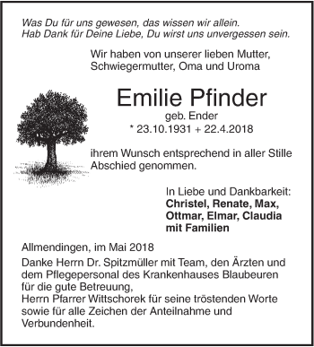 Traueranzeige von Emilie Pfinder von Ehinger Tagblatt