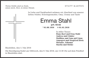 Traueranzeige von Emma Stahl von Hohenloher Tagblatt