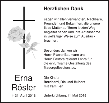 Traueranzeige von Erna Rösler von SÜDWEST PRESSE Ausgabe Ulm/Neu-Ulm