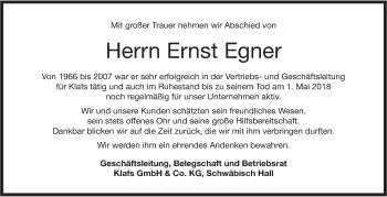 Traueranzeige von Ernst Egner von Haller Tagblatt