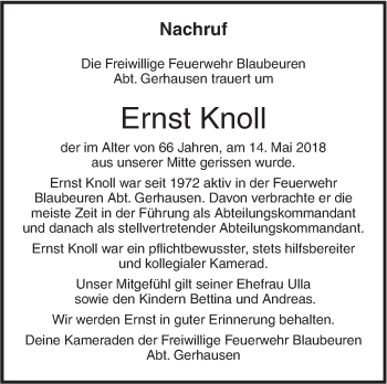 Traueranzeige von Ernst Knoll von SÜDWEST PRESSE