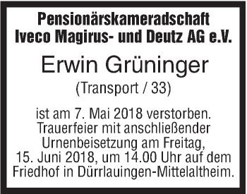 Traueranzeige von Erwin Grüninger von SÜDWEST PRESSE Ausgabe Ulm/Neu-Ulm