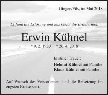 Traueranzeige von Erwin Kühnel von Geislinger Zeitung