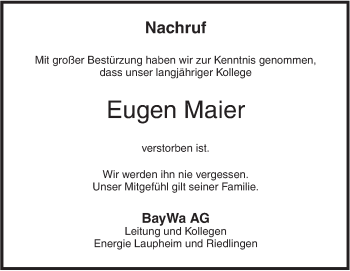Traueranzeige von Eugen Maier von SÜDWEST PRESSE Ausgabe Ulm/Neu-Ulm