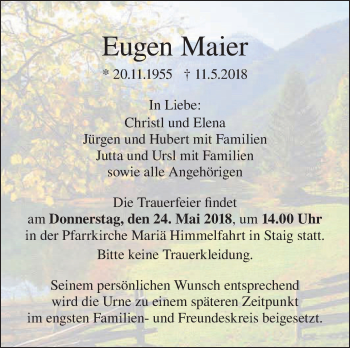 Traueranzeige von Eugen Maier von SÜDWEST PRESSE Ausgabe Ulm/Neu-Ulm