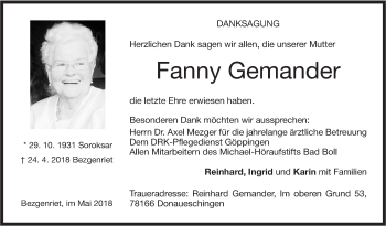 Traueranzeige von Fanny Gemander von NWZ Neue Württembergische Zeitung