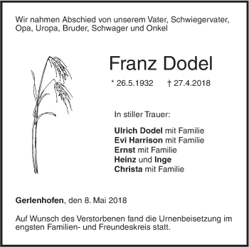 Traueranzeige von Franz Dodel von SÜDWEST PRESSE Ausgabe Ulm/Neu-Ulm