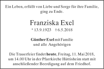 Traueranzeige von Franziska Exel von SÜDWEST PRESSE Ausgabe Ulm/Neu-Ulm