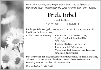 Traueranzeige von Frida Erbel von Haller Tagblatt