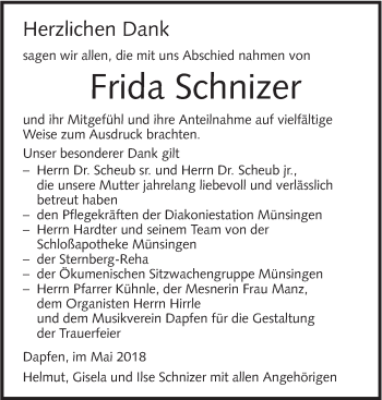 Traueranzeige von Frida Schnizer von Alb-Bote/Metzinger-Uracher Volksblatt