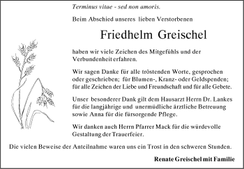 Traueranzeige von Friedhelm Greischel von SÜDWEST PRESSE Ausgabe Ulm/Neu-Ulm