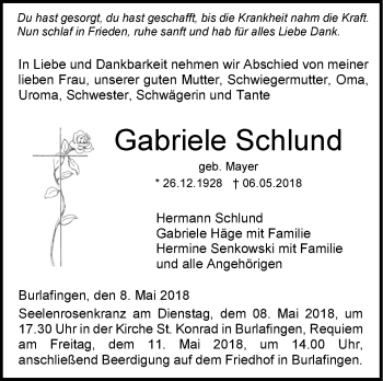 Traueranzeige von Gabriele Schlund von SÜDWEST PRESSE Ausgabe Ulm/Neu-Ulm