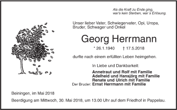 Traueranzeige von Georg Herrman von SÜDWEST PRESSE Ausgabe Ulm/Neu-Ulm