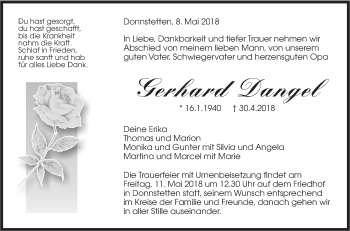 Traueranzeige von Gerhard Dangel von Metzinger-Uracher Volksblatt