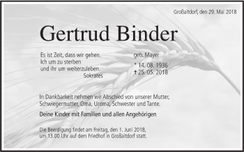 Traueranzeige von Gertrud Binder von Haller Tagblatt