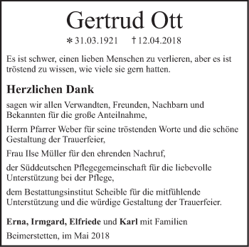 Traueranzeige von Gertrud Ott von SÜDWEST PRESSE Ausgabe Ulm/Neu-Ulm