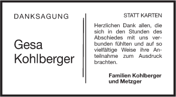 Traueranzeige von Gesa Kohlberger von Haller Tagblatt