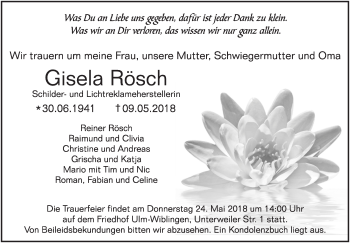 Traueranzeige von Gisela Rösch von SÜDWEST PRESSE Ausgabe Ulm/Neu-Ulm