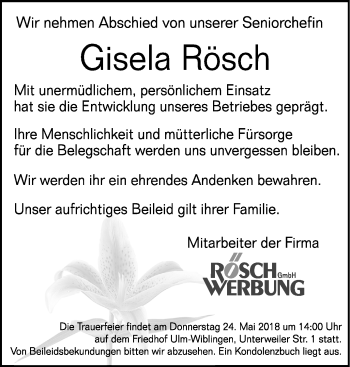 Traueranzeige von Gisela Rösch von SÜDWEST PRESSE Ausgabe Ulm/Neu-Ulm