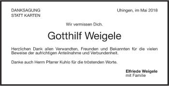 Traueranzeige von Gotthilf Weigele von NWZ Neue Württembergische Zeitung