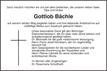 Traueranzeige von Gottlob Bächle von Metzinger-Uracher Volksblatt