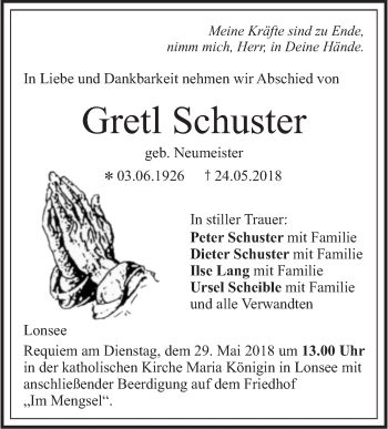 Traueranzeige von Gretl Schuster von SÜDWEST PRESSE Ausgabe Ulm/Neu-Ulm