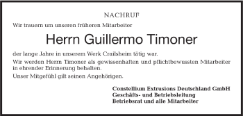 Traueranzeige von Guillermo Timoner von Hohenloher Tagblatt