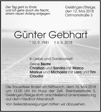 Traueranzeige von Günter Gebhart von Geislinger Zeitung