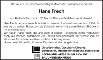 Traueranzeige von Hans Frech von NWZ Neue Württembergische Zeitung