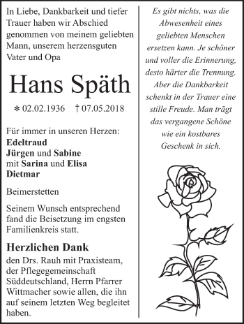 Traueranzeige von Hans Späth von SÜDWEST PRESSE Ausgabe Ulm/Neu-Ulm