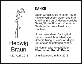 Traueranzeige von Hedwig Braun von SÜDWEST PRESSE Ausgabe Ulm/Neu-Ulm